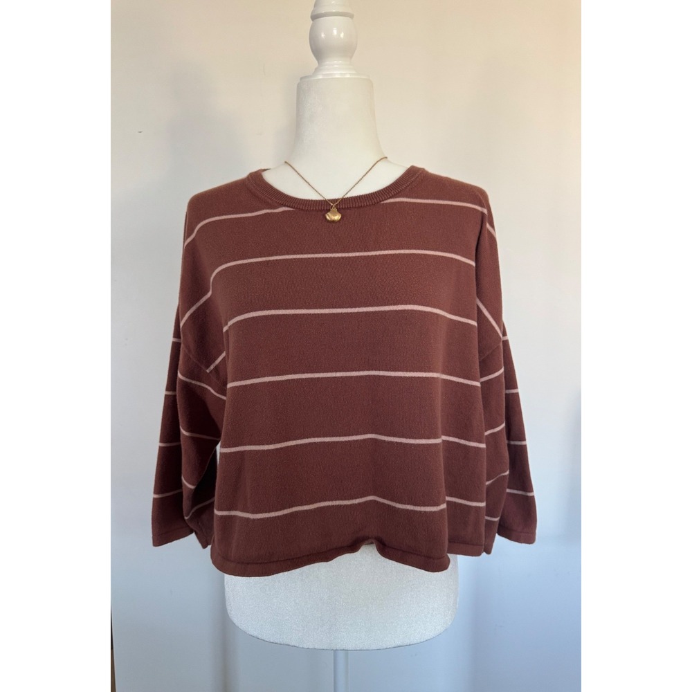 Outerknown Brown Pink Stripe Sweater Womens XS Boxy 3/4 Sleeve Knit Top